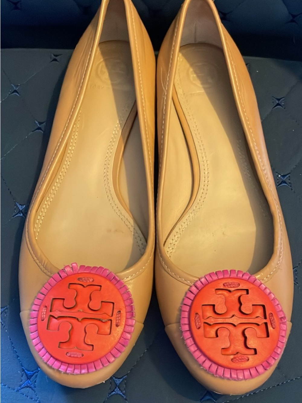 Tory Burch Tan Leather Ballet Flats with Pink and Orange Logo 7